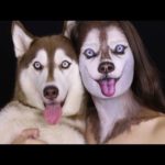 Frau verwandelt sich in einen Husky Frau verwandelt sich in einen Husky