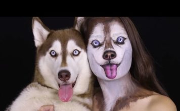 Frau verwandelt sich in einen Husky