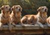Beliebte Hunderassen: Welcher passt zu mir? A hyperrealistic, sun-drenched photograph of five popular dog breeds together outdoors: Labrador, Golden Retriever, French Bulldog, Dachshund, and Chihuahua. Detailed fur textures, expressive eyes, natural lighting, lush green background. No text.