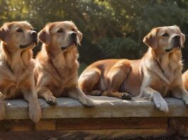 A hyperrealistic, sun-drenched photograph of five popular dog breeds together outdoors: Labrador, Golden Retriever, French Bulldog, Dachshund, and Chihuahua. Detailed fur textures, expressive eyes, natural lighting, lush green background. No text.
