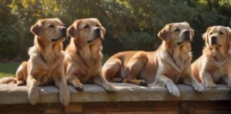 A hyperrealistic, sun-drenched photograph of five popular dog breeds together outdoors: Labrador, Golden Retriever, French Bulldog, Dachshund, and Chihuahua. Detailed fur textures, expressive eyes, natural lighting, lush green background. No text.