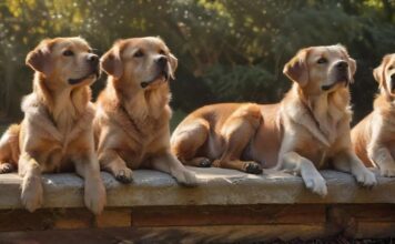 A hyperrealistic, sun-drenched photograph of five popular dog breeds together outdoors: Labrador, Golden Retriever, French Bulldog, Dachshund, and Chihuahua. Detailed fur textures, expressive eyes, natural lighting, lush green background. No text.