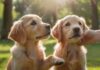A golden retriever puppy looking intently at a person's hand holding a clicker, with a soft, blurred background of a green park. Sunlight filters through trees, creating a warm, inviting glow. Hyperrealistic, no text.