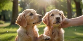 A golden retriever puppy looking intently at a person's hand holding a clicker, with a soft, blurred background of a green park. Sunlight filters through trees, creating a warm, inviting glow. Hyperrealistic, no text.
