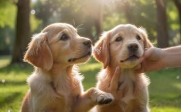 A golden retriever puppy looking intently at a person's hand holding a clicker, with a soft, blurred background of a green park. Sunlight filters through trees, creating a warm, inviting glow. Hyperrealistic, no text.