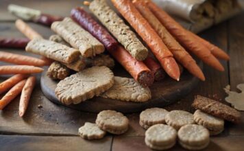 A hyperrealistic close-up of various healthy, natural dog treats scattered on a rustic wooden table. Include carrot sticks, baked biscuits, and dried meat pieces. Soft, natural lighting highlights the textures, with no text.
