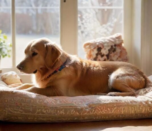 A cozy living room scene, golden retriever lying peacefully on a plush dog bed, chew toy nearby, soft sunlight streaming through a window, no people, warm and inviting atmosphere, photorealistic, no text.