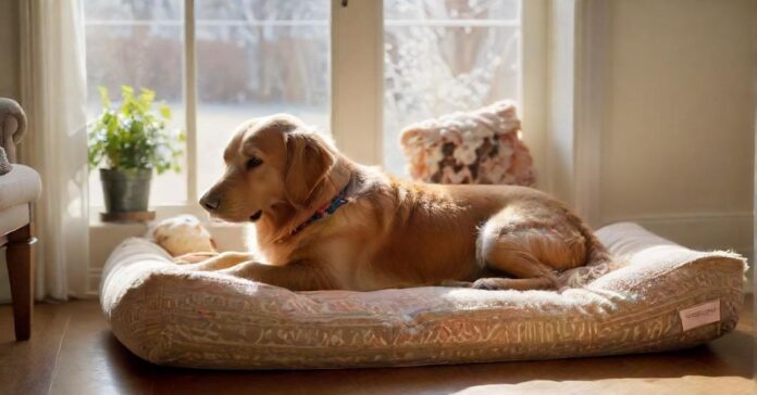 A cozy living room scene, golden retriever lying peacefully on a plush dog bed, chew toy nearby, soft sunlight streaming through a window, no people, warm and inviting atmosphere, photorealistic, no text.