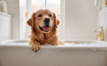 A golden retriever happily getting a bath in a modern, white-tiled bathroom. Warm, soft light illuminates the scene, highlighting the dog's wet fur and the soapy bubbles. High-quality, photorealistic image, no text.