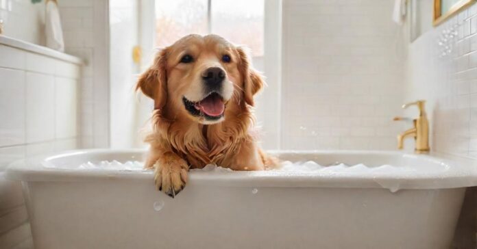 A golden retriever happily getting a bath in a modern, white-tiled bathroom. Warm, soft light illuminates the scene, highlighting the dog's wet fur and the soapy bubbles. High-quality, photorealistic image, no text.