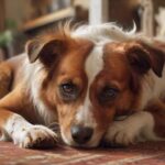 A close-up, hyperrealistic photo of a dog with brown and white fur, scratching its ear with its hind leg. The dog's skin shows signs of redness and irritation, with a shallow depth of field blurring the background of a cozy living room. No text or logos.