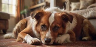 A close-up, hyperrealistic photo of a dog with brown and white fur, scratching its ear with its hind leg. The dog's skin shows signs of redness and irritation, with a shallow depth of field blurring the background of a cozy living room. No text or logos.