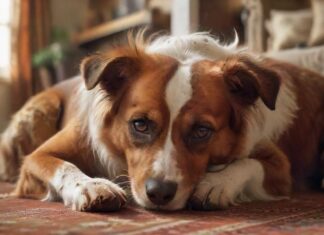 A close-up, hyperrealistic photo of a dog with brown and white fur, scratching its ear with its hind leg. The dog's skin shows signs of redness and irritation, with a shallow depth of field blurring the background of a cozy living room. No text or logos.