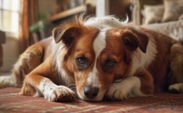 A close-up, hyperrealistic photo of a dog with brown and white fur, scratching its ear with its hind leg. The dog's skin shows signs of redness and irritation, with a shallow depth of field blurring the background of a cozy living room. No text or logos.