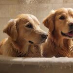 A golden retriever dog is being bathed in a white tub, shampoo suds on its fur, water splashes around, warm lighting, soft focus, towels nearby, hyperrealistic, photorealistic, no text, no letters