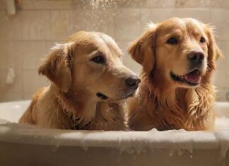 A golden retriever dog is being bathed in a white tub, shampoo suds on its fur, water splashes around, warm lighting, soft focus, towels nearby, hyperrealistic, photorealistic, no text, no letters