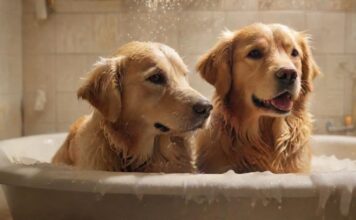A golden retriever dog is being bathed in a white tub, shampoo suds on its fur, water splashes around, warm lighting, soft focus, towels nearby, hyperrealistic, photorealistic, no text, no letters