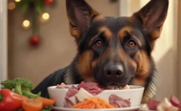 A close-up, hyperrealistic shot of a happy, healthy German Shepherd dog enjoying a bowl of fresh, raw food. The bowl contains chunks of vibrant red meat, vegetables, and bones, perfectly arranged. Warm, natural lighting, bokeh background. Photorealistic, 8k resolution, no text.