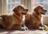 A happy golden retriever playing with a puzzle toy indoors, sunlight streaming through a window, soft carpet underneath, focused expression, toys scattered around, wooden floor, ultra-realistic, high detail, no text