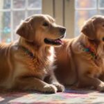 A happy golden retriever playing with a puzzle toy indoors, sunlight streaming through a window, soft carpet underneath, focused expression, toys scattered around, wooden floor, ultra-realistic, high detail, no text