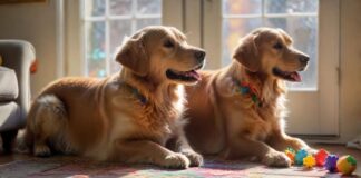 A happy golden retriever playing with a puzzle toy indoors, sunlight streaming through a window, soft carpet underneath, focused expression, toys scattered around, wooden floor, ultra-realistic, high detail, no text