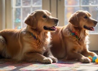 Hunde beschäftigen: Ideen für drinnen & draußen A happy golden retriever playing with a puzzle toy indoors, sunlight streaming through a window, soft carpet underneath, focused expression, toys scattered around, wooden floor, ultra-realistic, high detail, no text