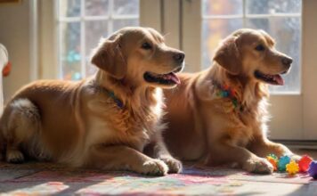 Hunde beschäftigen: Ideen für drinnen & draußen A happy golden retriever playing with a puzzle toy indoors, sunlight streaming through a window, soft carpet underneath, focused expression, toys scattered around, wooden floor, ultra-realistic, high detail, no text