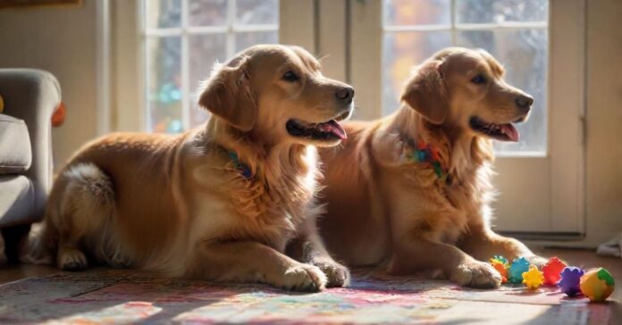 A happy golden retriever playing with a puzzle toy indoors, sunlight streaming through a window, soft carpet underneath, focused expression, toys scattered around, wooden floor, ultra-realistic, high detail, no text