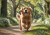 A hyperrealistic, wide-angle shot of a golden retriever joyfully running on a lush green path in a park, tongue out, with a blurred background of trees and sunlight filtering through, no text.