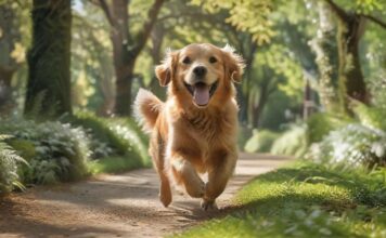 A hyperrealistic, wide-angle shot of a golden retriever joyfully running on a lush green path in a park, tongue out, with a blurred background of trees and sunlight filtering through, no text.