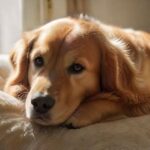 A close-up, hyperrealistic shot of a healthy golden retriever dog lying on a plush, clean dog bed indoors. Soft, natural light filters through a nearby window, highlighting the dog's glossy fur and peaceful expression. Detailed, sharp focus on textures of fur and fabric, no text.