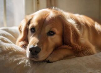 Hunde Gesundheit: Vorsorge & Tipps A close-up, hyperrealistic shot of a healthy golden retriever dog lying on a plush, clean dog bed indoors. Soft, natural light filters through a nearby window, highlighting the dog's glossy fur and peaceful expression. Detailed, sharp focus on textures of fur and fabric, no text.