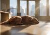 Hunde im Büro: Tipps für den Alltag A golden retriever lies peacefully under a desk in a modern, bright office. Sunlight streams through a large window, illuminating dust motes and casting warm light on the dog's fur. Several blurred people work in the background, no text visible.