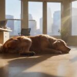 A golden retriever lies peacefully under a desk in a modern, bright office. Sunlight streams through a large window, illuminating dust motes and casting warm light on the dog's fur. Several blurred people work in the background, no text visible.
