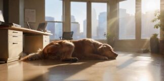 A golden retriever lies peacefully under a desk in a modern, bright office. Sunlight streams through a large window, illuminating dust motes and casting warm light on the dog's fur. Several blurred people work in the background, no text visible.