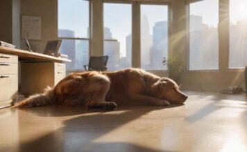 Hunde im Büro: Tipps für den Alltag A golden retriever lies peacefully under a desk in a modern, bright office. Sunlight streams through a large window, illuminating dust motes and casting warm light on the dog's fur. Several blurred people work in the background, no text visible.