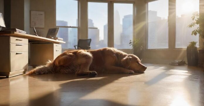A golden retriever lies peacefully under a desk in a modern, bright office. Sunlight streams through a large window, illuminating dust motes and casting warm light on the dog's fur. Several blurred people work in the background, no text visible.