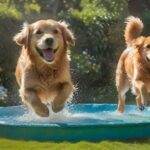 Hunde im Sommer: Abkühlung & Sicherheit A golden retriever joyfully splashes in a crystal-clear, backyard kiddie pool, water droplets glistening in the sunlight. Lush green grass, vibrant summer flowers, and a partially shaded patio create a perfect summer scene, hyperrealistic detail.
