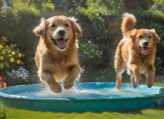 Hunde im Sommer: Abkühlung & Sicherheit A golden retriever joyfully splashes in a crystal-clear, backyard kiddie pool, water droplets glistening in the sunlight. Lush green grass, vibrant summer flowers, and a partially shaded patio create a perfect summer scene, hyperrealistic detail.