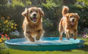 Hunde im Sommer: Abkühlung & Sicherheit A golden retriever joyfully splashes in a crystal-clear, backyard kiddie pool, water droplets glistening in the sunlight. Lush green grass, vibrant summer flowers, and a partially shaded patio create a perfect summer scene, hyperrealistic detail.