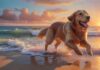 A golden retriever happily running on a sandy beach, splashing through the shallow turquoise water, with a beautiful sunset sky in the background. Hyperrealistic lighting, wet fur detail, joyful expression, no people, flawless anatomy