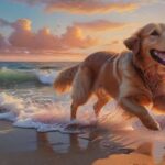 Hunde im Urlaub: Stressfrei verreisen A golden retriever happily running on a sandy beach, splashing through the shallow turquoise water, with a beautiful sunset sky in the background. Hyperrealistic lighting, wet fur detail, joyful expression, no people, flawless anatomy