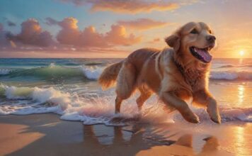 Hunde im Urlaub: Stressfrei verreisen A golden retriever happily running on a sandy beach, splashing through the shallow turquoise water, with a beautiful sunset sky in the background. Hyperrealistic lighting, wet fur detail, joyful expression, no people, flawless anatomy