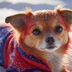 A hyperrealistic close-up of a small short-haired dog wearing a red and blue winter coat, standing in freshly fallen snow. Soft, diffused winter sunlight illuminates the scene, highlighting the dog's breath in the cold air, paw prints visible nearby.