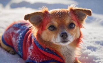 A hyperrealistic close-up of a small short-haired dog wearing a red and blue winter coat, standing in freshly fallen snow. Soft, diffused winter sunlight illuminates the scene, highlighting the dog's breath in the cold air, paw prints visible nearby.