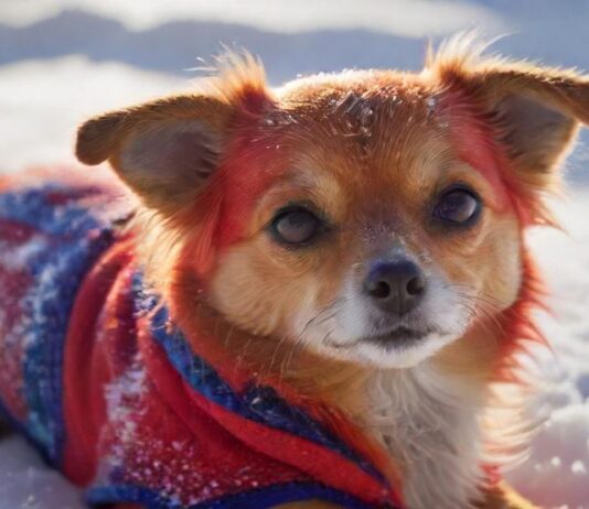 A hyperrealistic close-up of a small short-haired dog wearing a red and blue winter coat, standing in freshly fallen snow. Soft, diffused winter sunlight illuminates the scene, highlighting the dog's breath in the cold air, paw prints visible nearby.