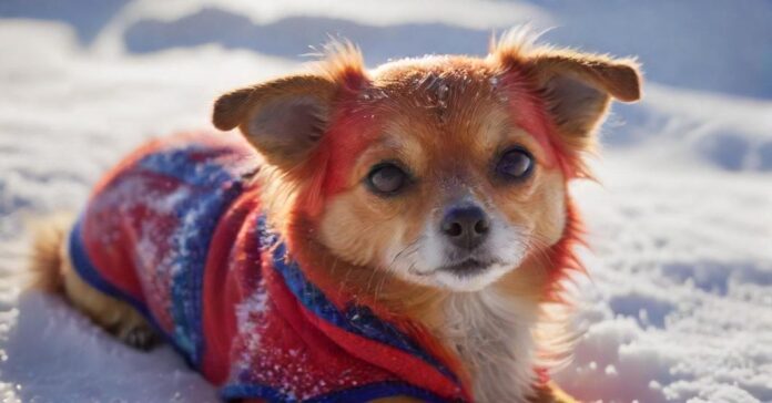 A hyperrealistic close-up of a small short-haired dog wearing a red and blue winter coat, standing in freshly fallen snow. Soft, diffused winter sunlight illuminates the scene, highlighting the dog's breath in the cold air, paw prints visible nearby.