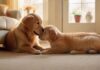 A golden retriever puppy and a ginger kitten nuzzle each other affectionately in a sunlit living room, soft carpet underneath, blurred background with cozy furniture, natural lighting, hyperrealistic fur texture, no text.
