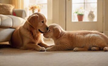 Hunde & Katzen: So klappt die Zusammenführung! A golden retriever puppy and a ginger kitten nuzzle each other affectionately in a sunlit living room, soft carpet underneath, blurred background with cozy furniture, natural lighting, hyperrealistic fur texture, no text.