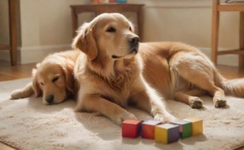 Hunde und Kinder: Ein tolles Team! A hyperrealistic photograph of a golden retriever lying on a plush, cream-colored rug, peacefully watching a toddler and a young child playing with wooden blocks. Soft, natural light streams through a large window, illuminating dust motes, creating a warm, inviting atmosphere. No text.